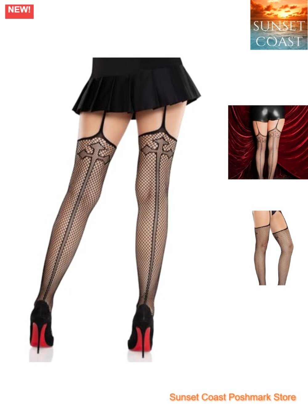 Fishnet Stockings with Attached Garter Cross Accent One Size